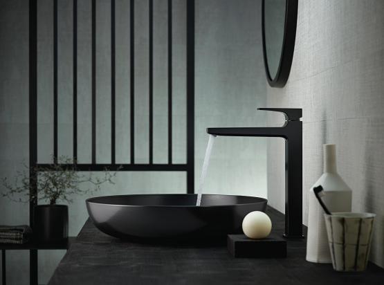 A contemporary bathroom with black bowl sink and tap