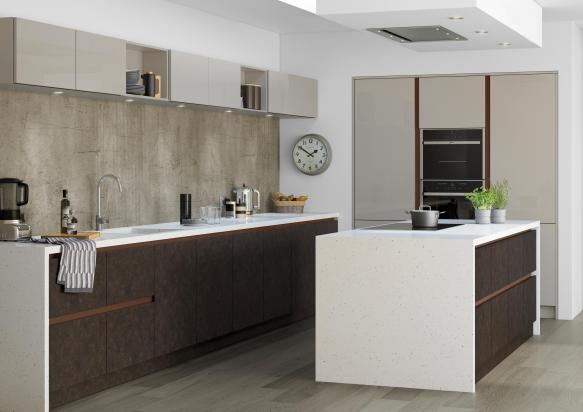 A contemporary Manston Aluma Gloss kitchen showing the kitchen island and stove top